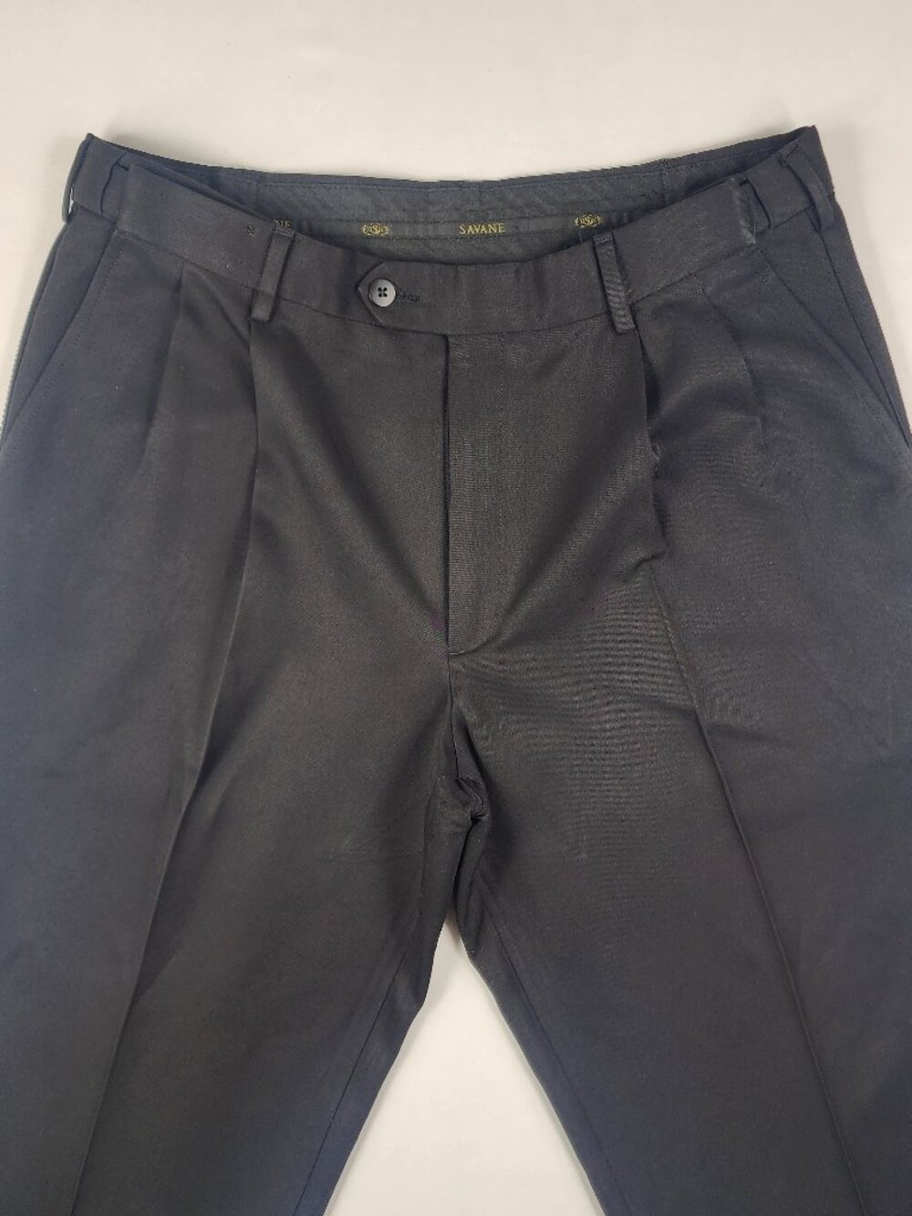 VTG Savane Mens 34x29 Black Comfort Plus Stretch Waist Pleated Dress Pants Flaw